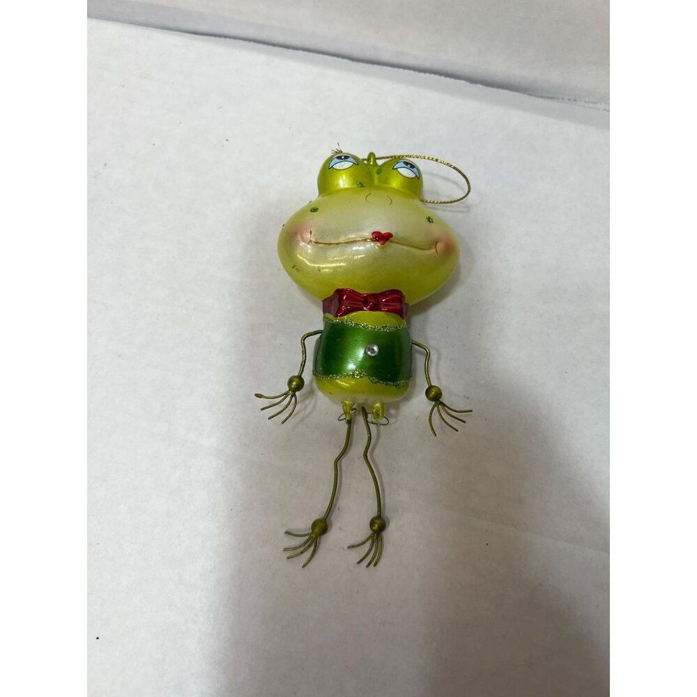 Pier 1 blown glass green lights Frog Hanging Figurine Ornament With Red Bow Tie
